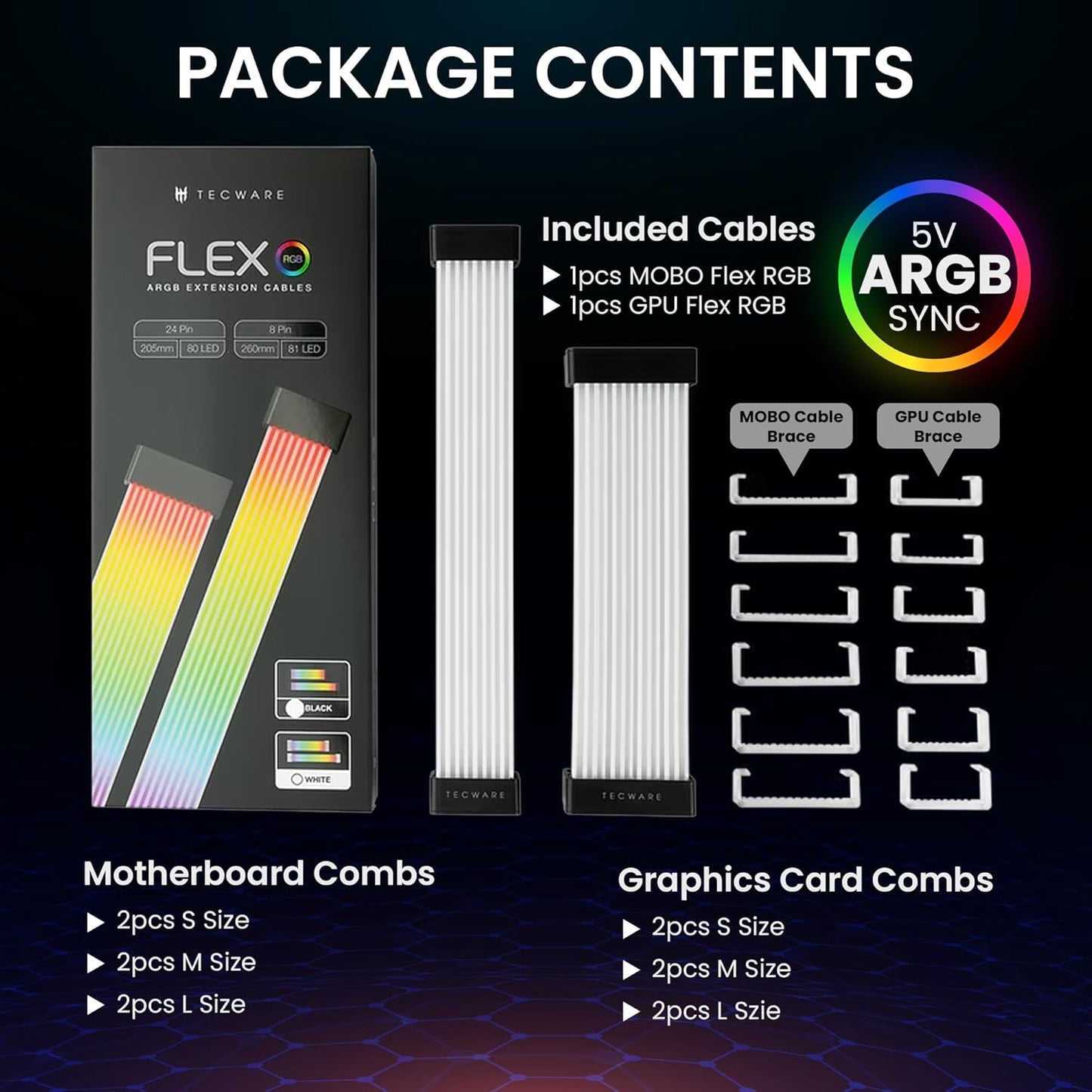 Flex RGB Cable Management Kit | Compatible with 24-Pin Motherboard and 8-Pin/16-Pin GPU | ARGB PSU Cable Extension with 5V 3-Pin Sync | RGB Lighting Solution for PC Cables | Black