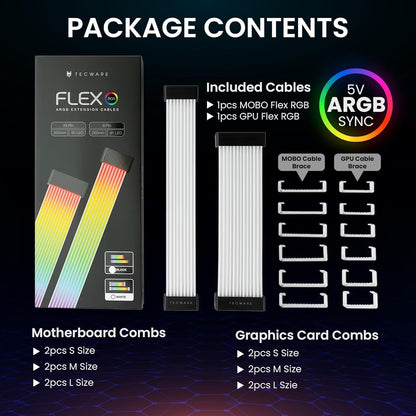 Flex RGB Cable Management Kit | Compatible with 24-Pin Motherboard and 8-Pin/16-Pin GPU | ARGB PSU Cable Extension with 5V 3-Pin Sync | RGB Lighting Solution for PC Cables | Black