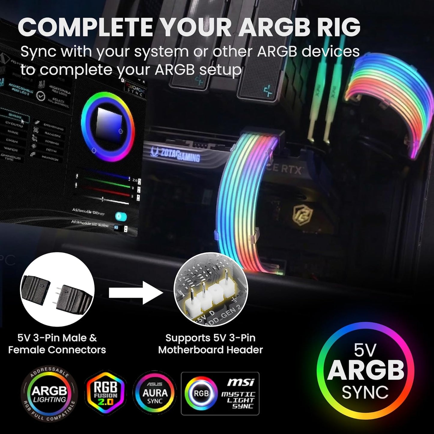 Flex RGB Cable Management Kit | Compatible with 24-Pin Motherboard and 8-Pin/16-Pin GPU | ARGB PSU Cable Extension with 5V 3-Pin Sync | RGB Lighting Solution for PC Cables | Black