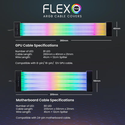 Flex RGB Cable Management Kit | Compatible with 24-Pin Motherboard and 8-Pin/16-Pin GPU | ARGB PSU Cable Extension with 5V 3-Pin Sync | RGB Lighting Solution for PC Cables | Black