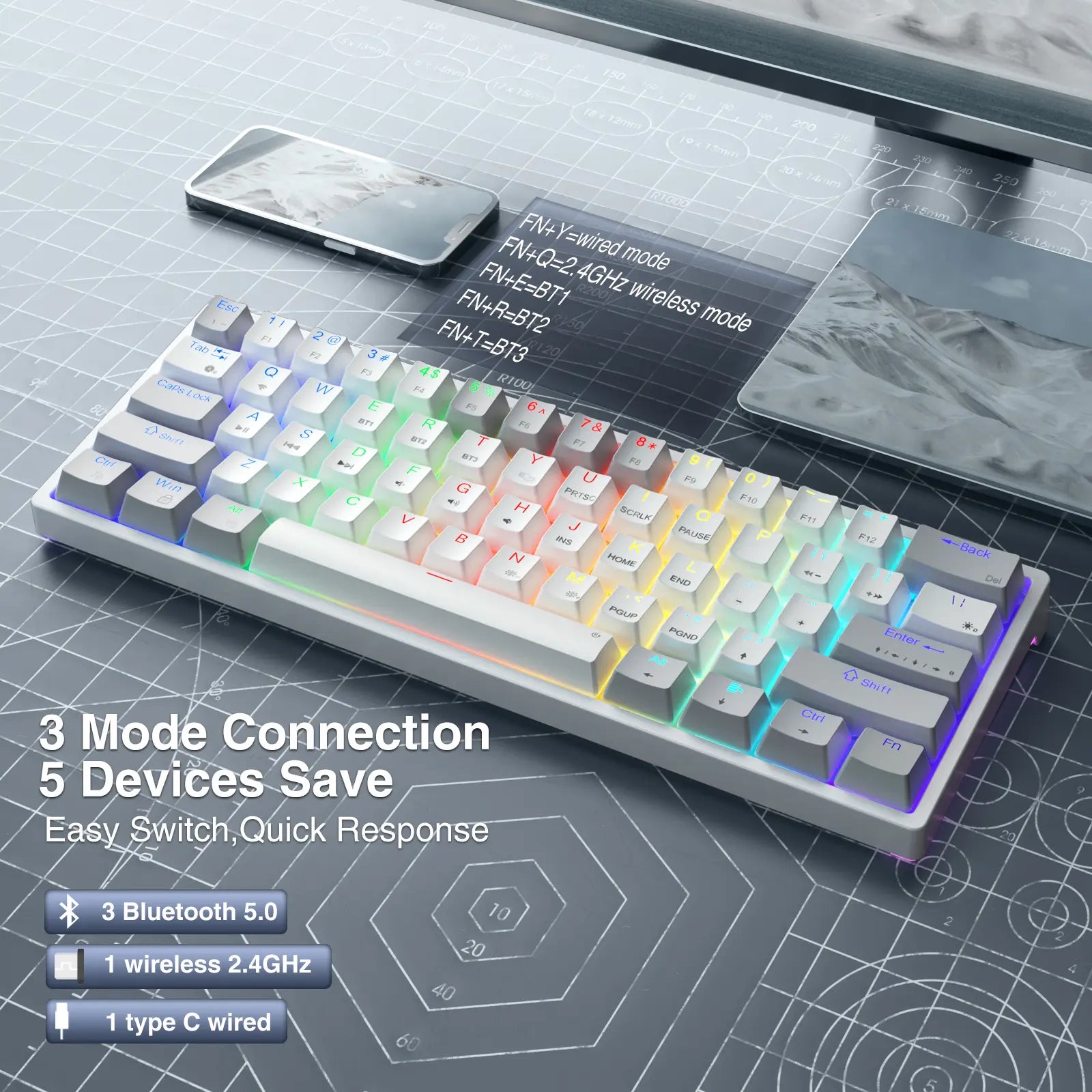 Solakka SK961 Wireless Mechanical Keyboard - 60% Compact Design, Triple Connectivity, RGB Backlighting, Programmable Features for Gaming and Office Use, Ideal Birthday Gift