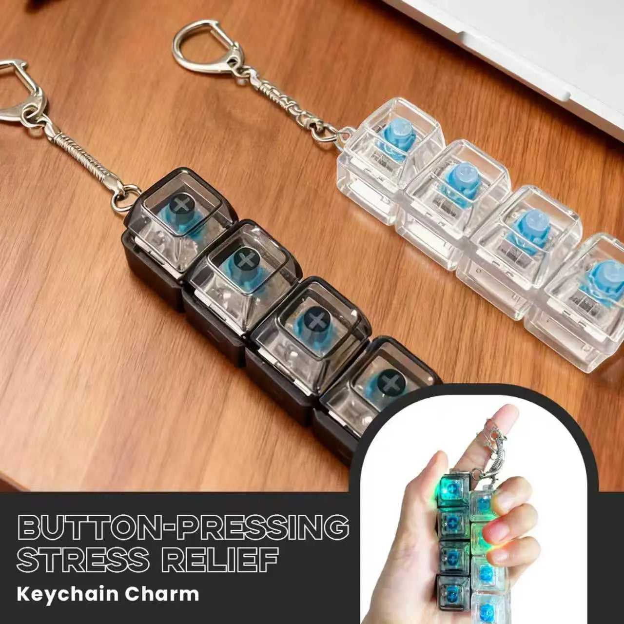 2-Pack LED Keyboard Fidget Keychain - 4-in-1 Stress Relief Clicker Toy for Anxiety Management and Sensory Decompression for All Ages