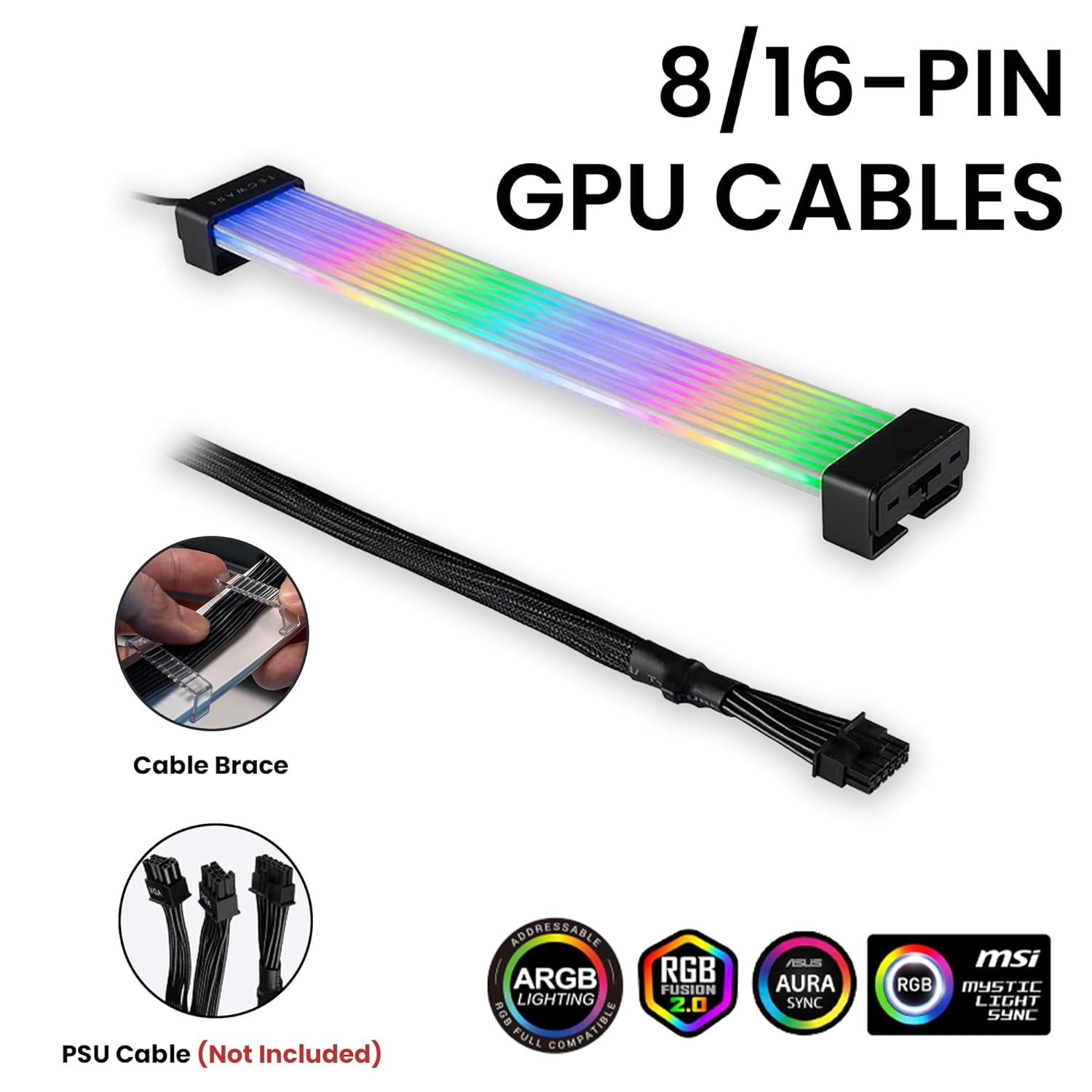 Flex RGB Cable Management Kit | Compatible with 24-Pin Motherboard and 8-Pin/16-Pin GPU | ARGB PSU Cable Extension with 5V 3-Pin Sync | RGB Lighting Solution for PC Cables | Black