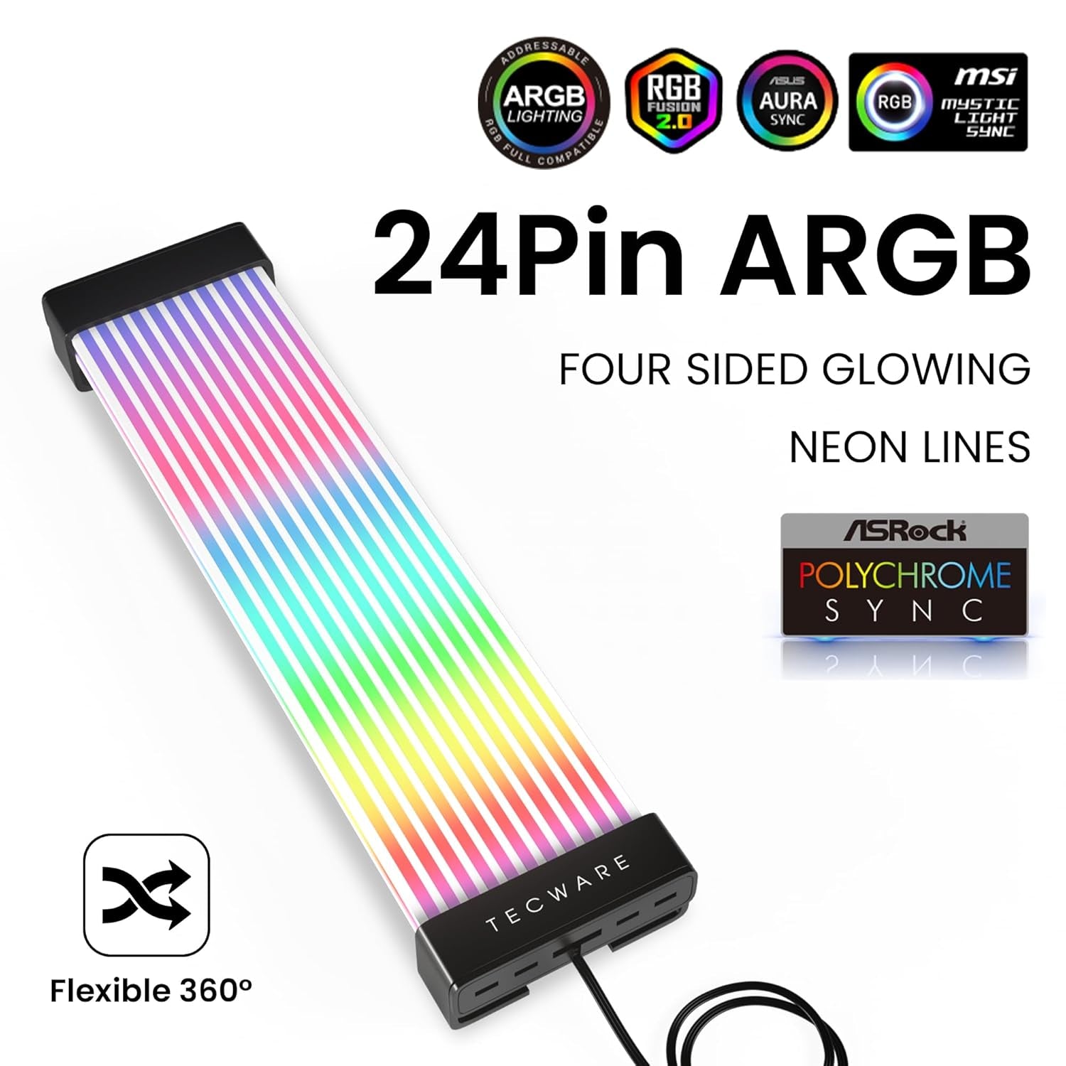 Flex RGB Cable Management Kit | Compatible with 24-Pin Motherboard and 8-Pin/16-Pin GPU | ARGB PSU Cable Extension with 5V 3-Pin Sync | RGB Lighting Solution for PC Cables | Black
