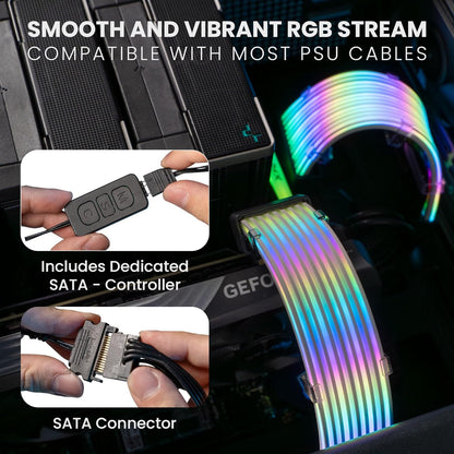 Flex RGB Cable Management Kit | Compatible with 24-Pin Motherboard and 8-Pin/16-Pin GPU | ARGB PSU Cable Extension with 5V 3-Pin Sync | RGB Lighting Solution for PC Cables | Black