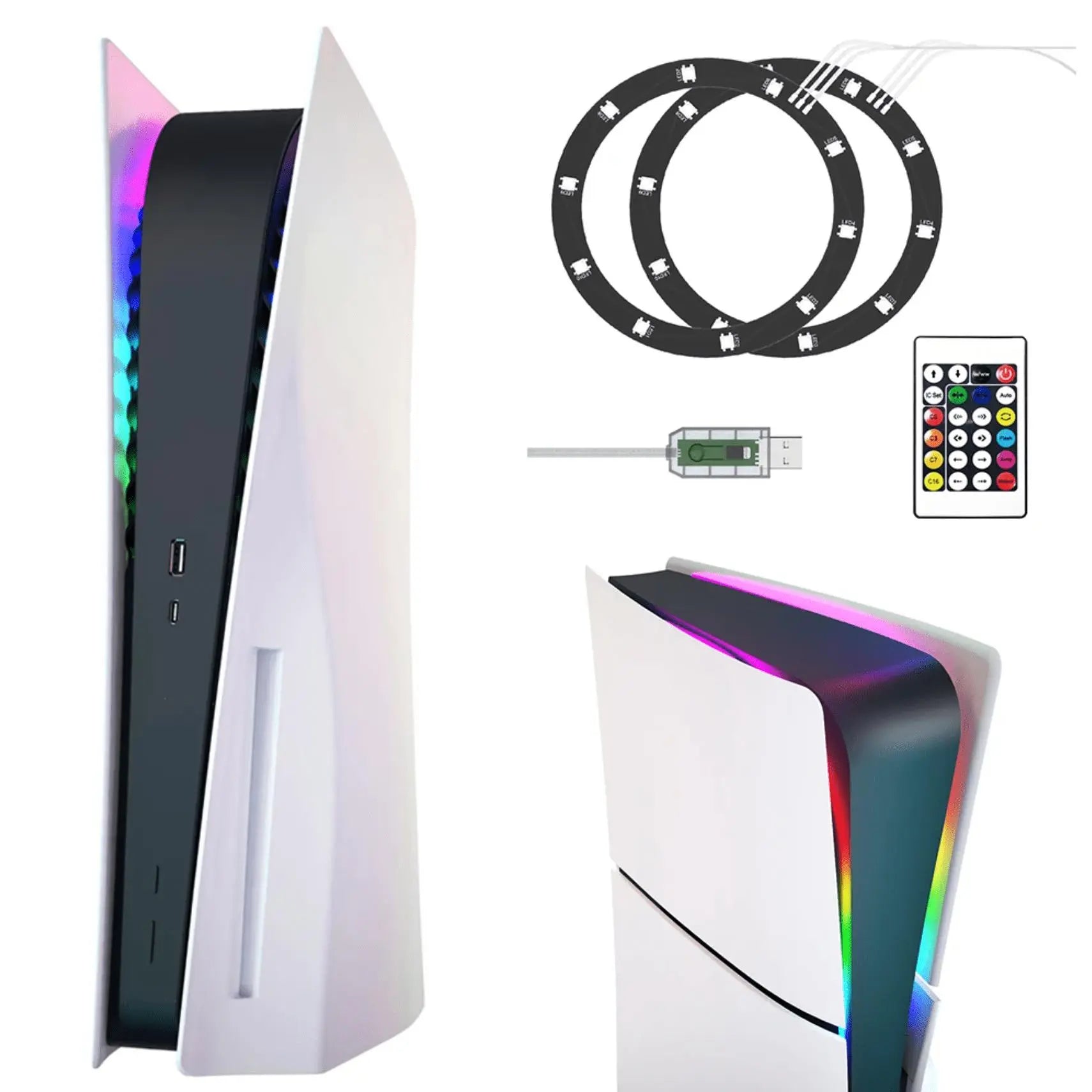 RGB LED Light Strip Kit for PS5/PS5 Slim Console - USB-Powered Decorative Lighting with Remote Control - Ideal Gift for Men and Boyfriends